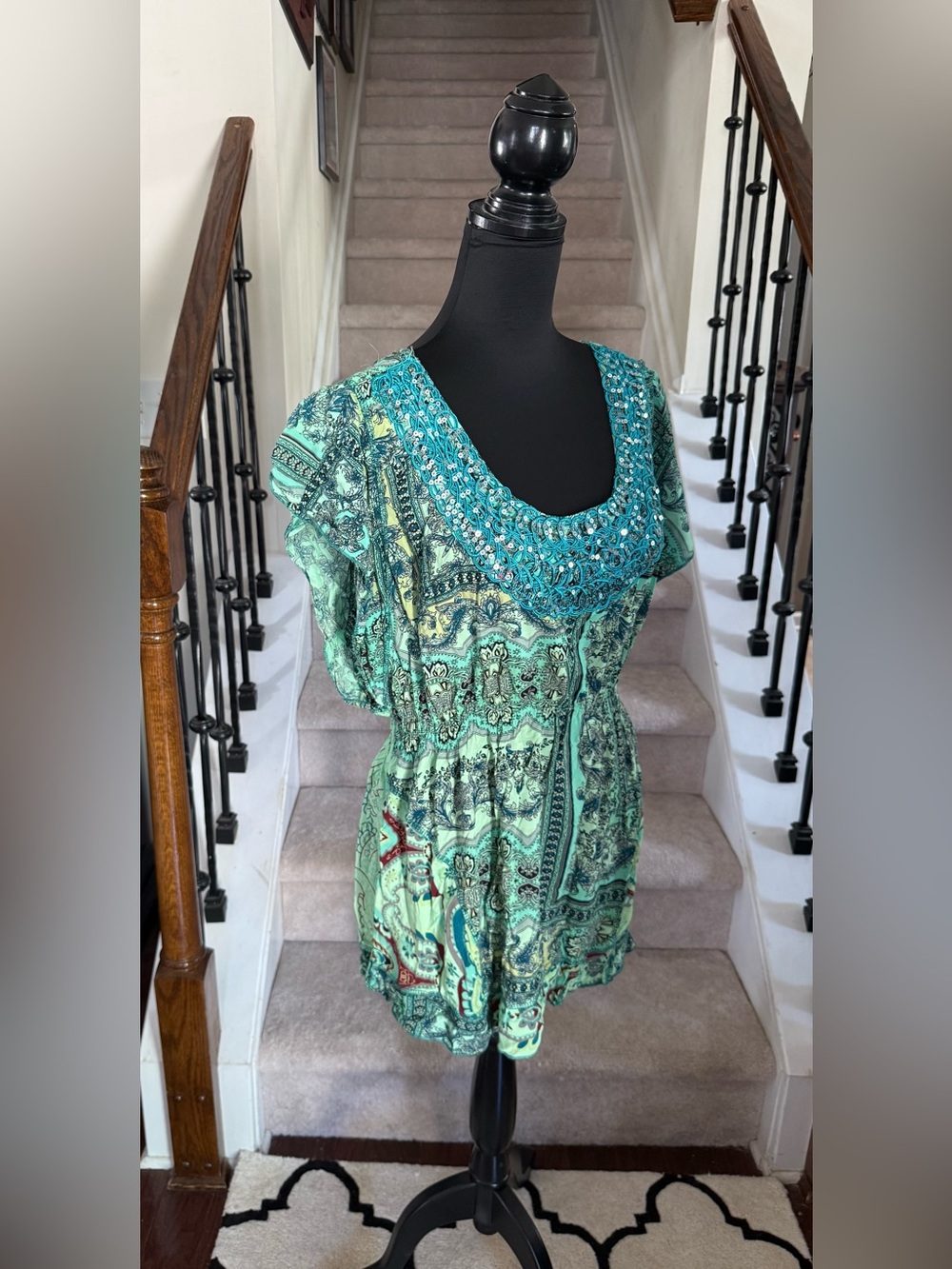 Embellished Mint Green Printed Tunic Top